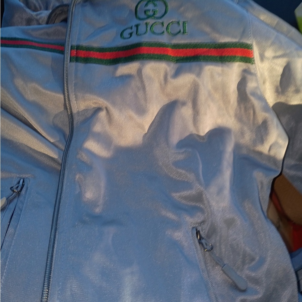 G*cci White Zip Up Tracksuit Jacket with Green and Red Accents